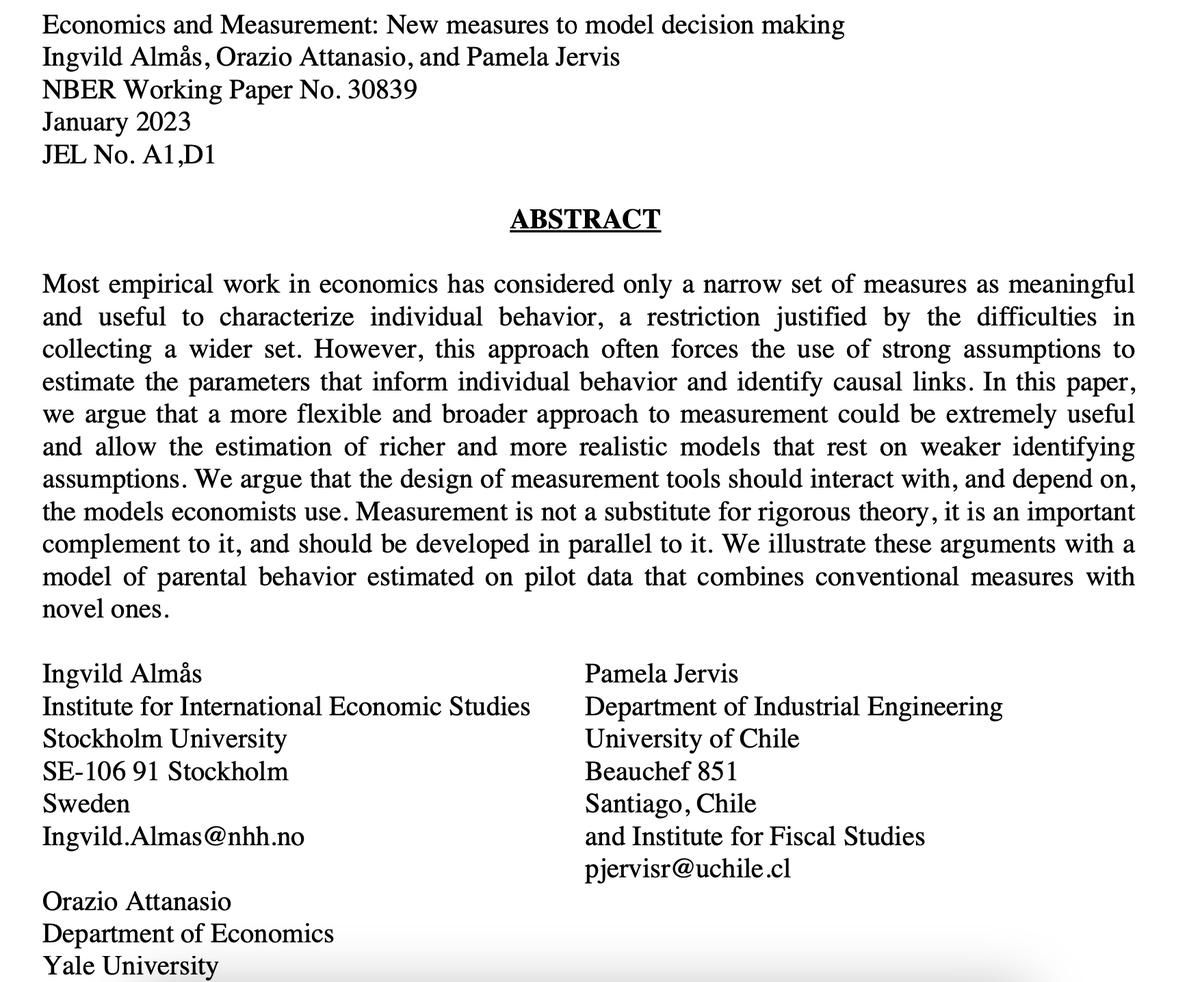 Alex Theloudis (@alextheloudis) on Twitter photo Thought provoking paper on theory & measurement.
Argues that economists should go beyond conventional economic data (prices, quantities) to measure novel concepts like bargaining power, beliefs, WTP.
nber.org/system/files/w…
by <a href="/ingvildalm/">Ingvild Almås</a>, <a href="/orazio_at/">Orazio Attanasio</a>, <a href="/jervis_pam/">Pam Jervis</a> Thought provoking paper on theory & measurement.
Argues that economists should go beyond conventional economic data (prices, quantities) to measure novel concepts like bargaining power, beliefs, WTP.
nber.org/system/files/w…
by <a href="/ingvildalm/">Ingvild Almås</a>, <a href="/orazio_at/">Orazio Attanasio</a>, <a href="/jervis_pam/">Pam Jervis</a>