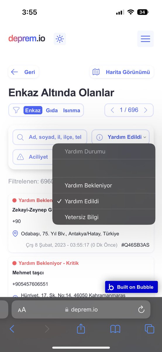 Yardım giden insanlarımızı işaretleyelim❤️‍🩹 Sosyal medyada whatsapp gruplarında haber alındığını, yardım ulaştığını gördüğünüz insanların isimlerini aratıp "Yardım Edildi" olarak işaretleyebilirsiniz.