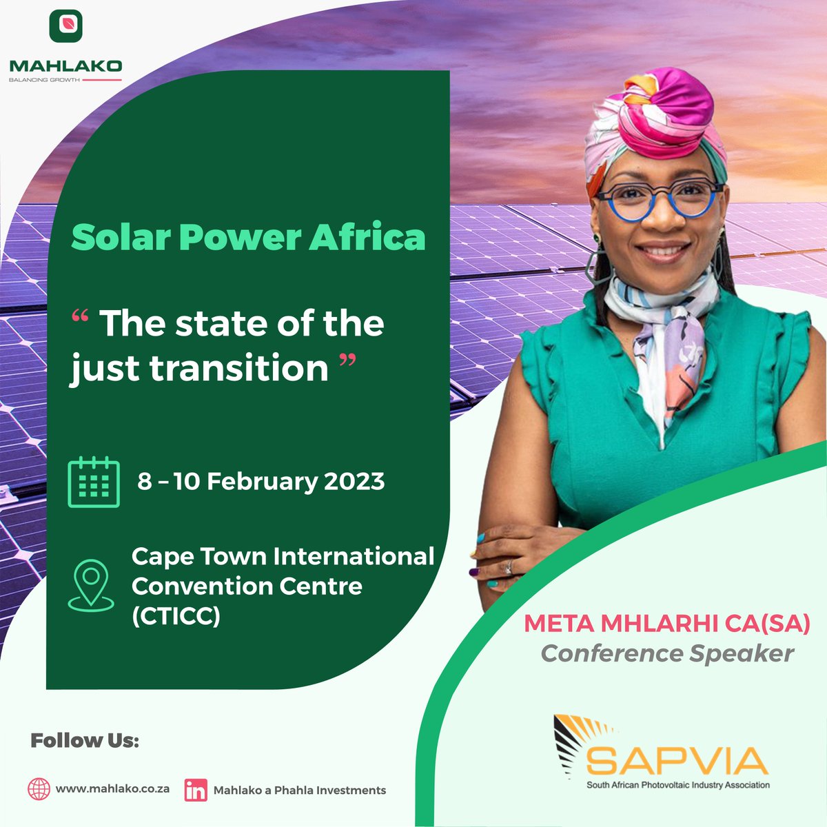 I am excited to be speaking today at the Solar power Africa by South African Photovoltaic Industry Association  in Cape Town about the state of Just Transition. 

#JustTransition <a href="/SAPVIA/">SAPVIA</a> #SolarPowerAfrica #ReneweableEnergy