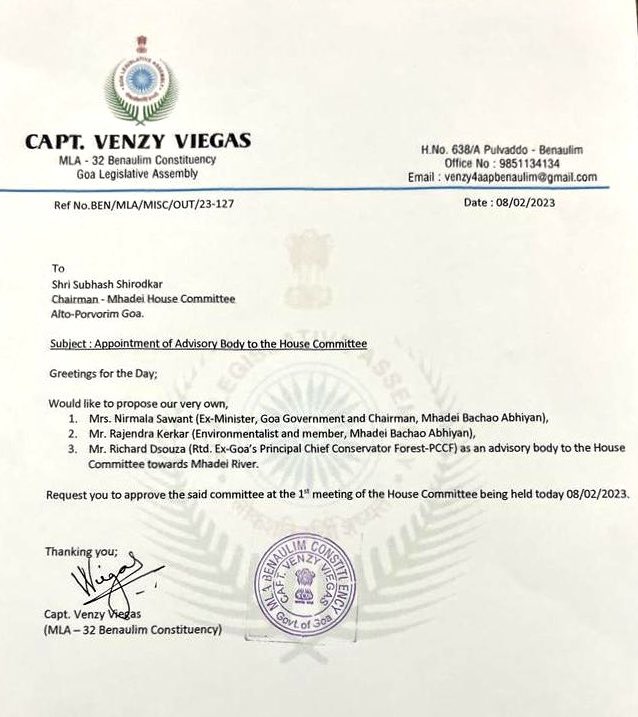 AAP MLA Capt <a href="/VenzyViegas/">Capt. Venzy Viegas</a> proposes names of Mrs. Nirmala Sawant (Mhadei Bachao Abhiyan, Ex-Minister), Mr. Rajendra Kerkar (Mhadei Bachao Abhiyan, Environmentalist) &amp; Mr. Richard D’Souza (ex-PCCF) as advisory body to House Committee on Mhadei.
