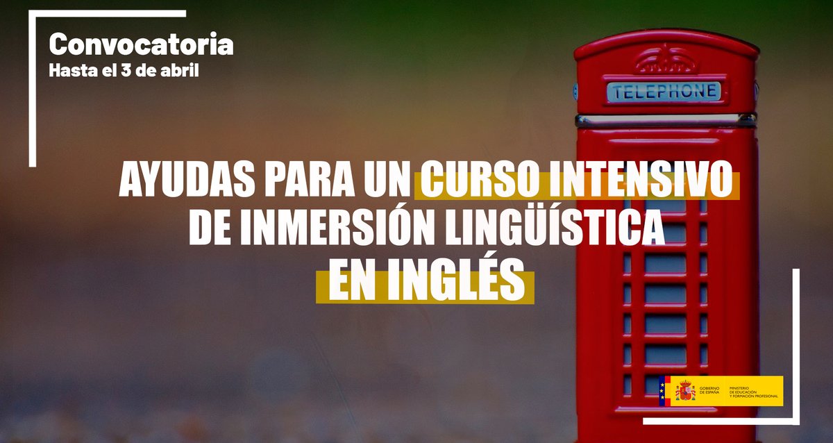 🚨Todavía estás a tiempo de solicitar las ayudas para hacer un curso intensivo de inmersión lingüística en inglés. 

Para estudiantes becados en el curso 2022-2023 y que cumplan con los demás requisitos.

👇Tienes hasta el 3 de abril👇
educacionyfp.gob.es/servicios-al-c…