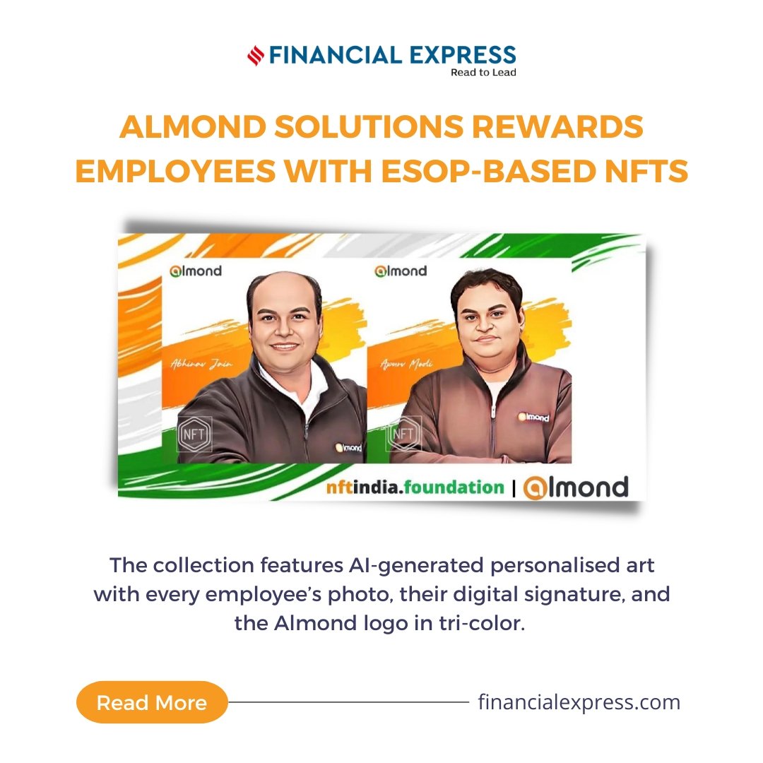 almonds_ai's tweet photo. Say hello to the #future of employee #rewards - #AlmondSolutions gives #ESOP -based NFTs to the team members!
It's time to celebrate! We are #rewarding our employees with ESOP-based #NFTs 'ALMONDS'.
Read more on Financial Express: https://t.co/LL3GqDUsOk
#Almond https://t.co/WHQ0aLu3tC