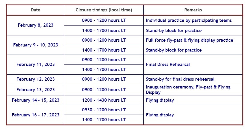 Bengaluru Airport will be closed during these hours due to the airshow. Flight operations to be disrupted. Kindly check with your airline if any travel plan on these days 🌶🍒

#airshow2023
😉😎🤓🤞