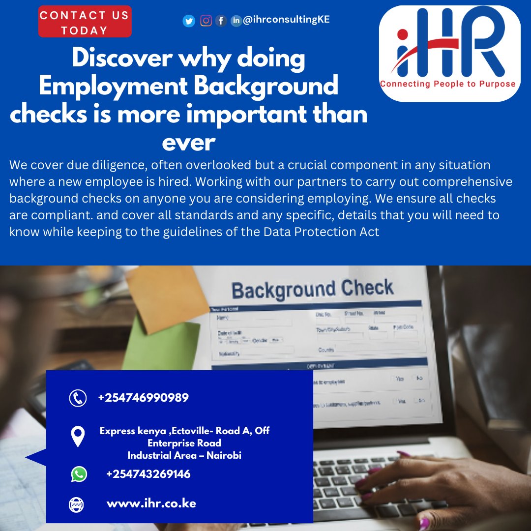 Background Check cuts down on hiring time and lowers the cost of hiring. Write to us today on info@ihr.co.ke #hiring #HiringChallenges #backgroundscreening #backgroundcheck #kenya #creditcheck #EducationBackground #pastemploymentcheck #preemploymentscreening