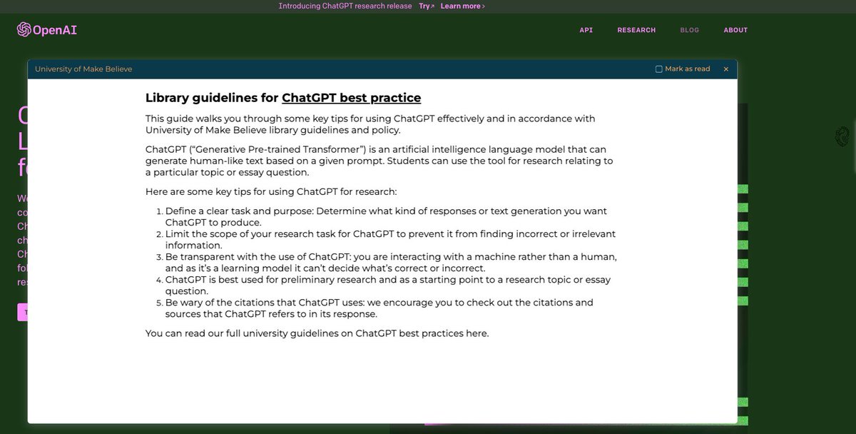 Many libraries are helping their universities construct and promote guidelines for effective and appropriate use of ChatGPT.

Here is an example of how Lean Library customers could use the browser extension to promote that guidance on #ChatGPT itself!