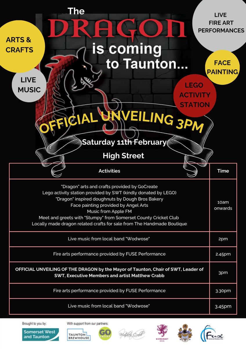 Sat’s schedule for r BIG #TauntonDragon reveal is now out!📢
In addition to the unveiling, we have @StumpySCCC, @GoCreateTaunton arts & crafts, @LEGO_Group station, #AngelArt face painting, live music + @AppleFMTaunton, fire performance by @FuseOutdoorArts & dragon doughnuts🐉🎉