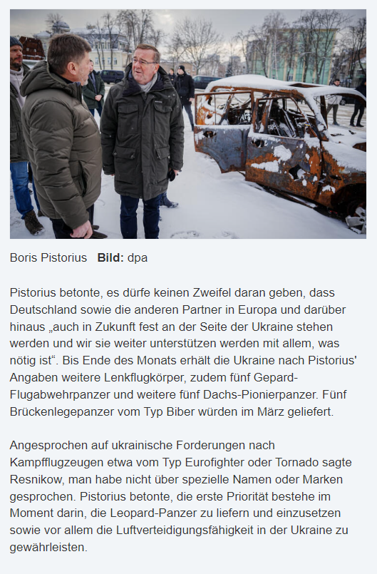 NOELreports's tweet photo. Germany will supply Ukraine with additional guided missiles, 5 Gepards and 5 Pioneer 2A1 Dachs engineer vehicles by the end of February. Five Biber bridge laying tanks would be delivered in March. Boris Pistorius, MoD of Germany, said during his visit to Kyiv writes Handelsblatt. https://t.co/LW041xt7cU
