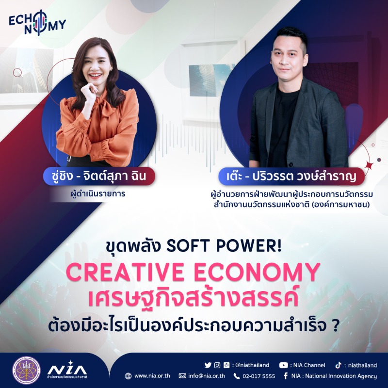 NIAThailand's tweet photo. 🎬 “ก่อนจะสร้าง #SoftPower ได้ต้องมีอะไรเป็นรากฐาน ?”
“จริงไหมที่ #เศรษฐกิจสร้างสรรค์ ต้องเกิดมาจากสิ่งใหม่ทั้งหมด ?” 🎵
🎧 ฟังแบบเต็ม ๆ ได้ที่ > https://t.co/H0gcsKMflD
#NIA #NIAFocalFacilitator #NIAPodcast #THEECHONOMY #CreativeEconomy #ซู่ชิง