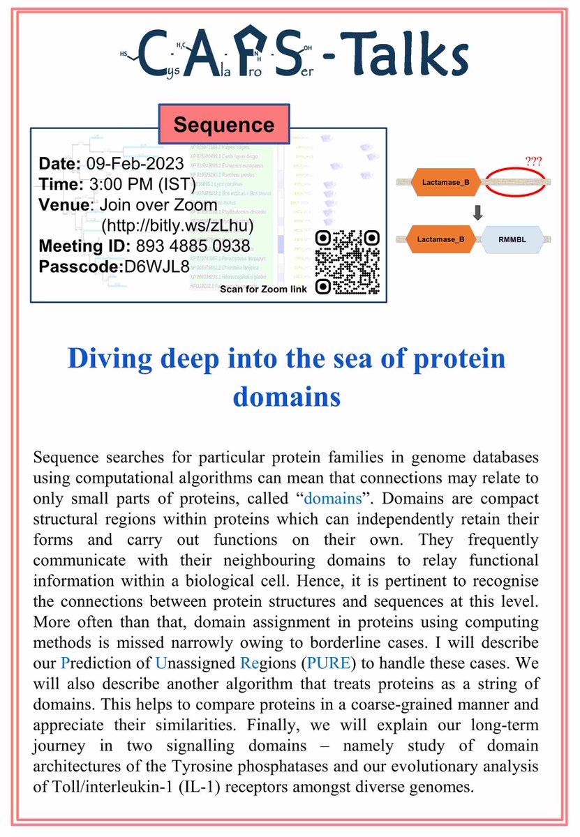 NCBS_Bangalore's tweet photo. Thursdays = #CAPS_Talks
We are back to share another interesting journey of learning. This week it's about 'Diving deep into the sea of #protein #domains''. Do not miss!
π 9th Feb, 3 pm
Link: https://t.co/uOZ3Qi4TFK
Passcode: D6WJL8
#FreeToAttend
#Pfam #SCOP #compbio #InterPro https://t.co/HU3bfNSn1K