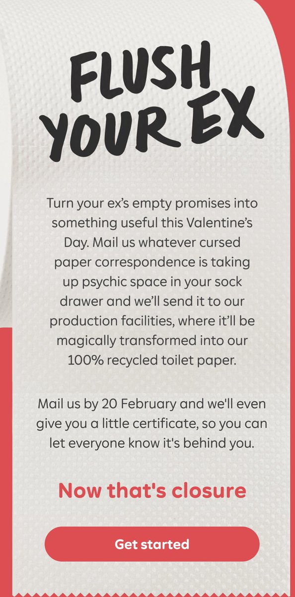 Bravo <a href="/WhoGivesACrapTP/">Who Gives A Crap</a>. Wonder how many defunct marriage certificates you’ll be pulping #ValentinesDay #whogivesacrap