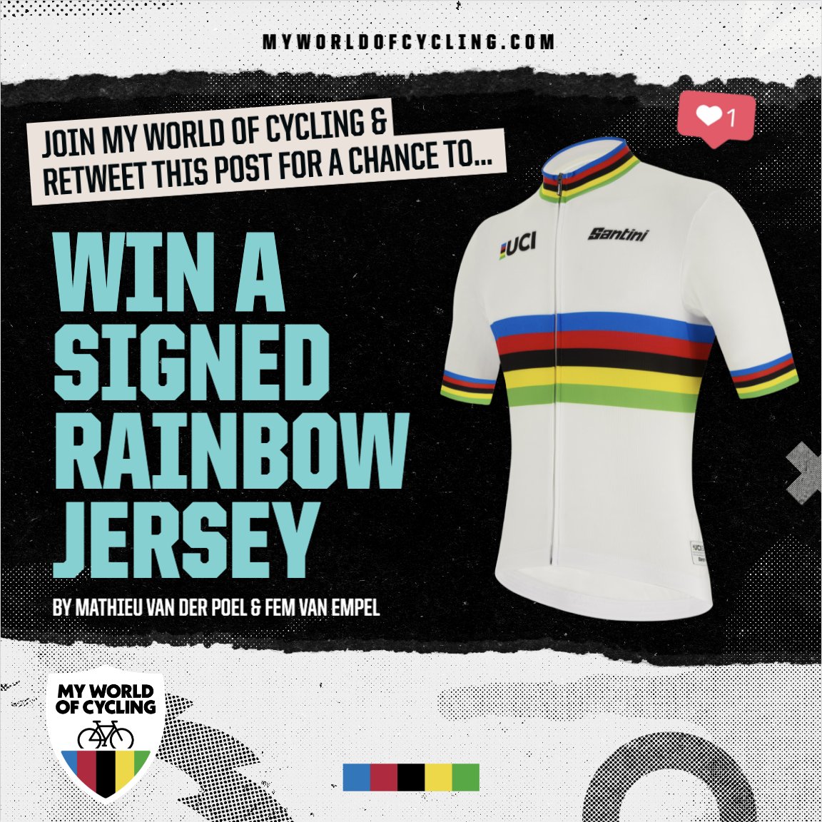 UCI Cyclocross (@uci_cx) on Twitter photo Win a signed rainbow jersey by <a href="/mathieuvdpoel/">Mathieu Van der Poel</a> & Fem van Empel ‼️
For your chance to win, complete these two steps
1️⃣ Join My World of Cycling: myworldofcycling.com
2️⃣ Retweet this post
📝 Entries close on Feb 13 at 9pm CET. Winner picked at random and announced by Feb 19. Win a signed rainbow jersey by <a href="/mathieuvdpoel/">Mathieu Van der Poel</a> & Fem van Empel ‼️
For your chance to win, complete these two steps
1️⃣ Join My World of Cycling: myworldofcycling.com
2️⃣ Retweet this post
📝 Entries close on Feb 13 at 9pm CET. Winner picked at random and announced by Feb 19.