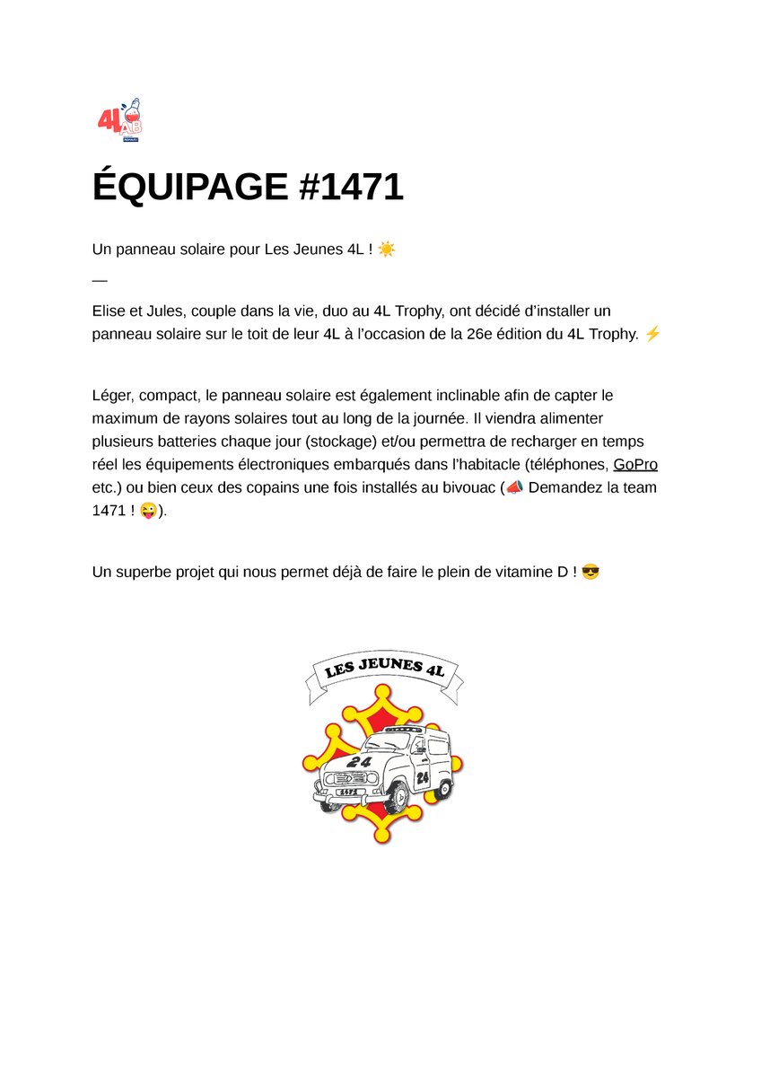 4L_Trophy's tweet photo. Projets #4Lab parrainés par @NorautoFr 🧪
—
Elise et Jules vont faire le plein de vitamine D et d'énergie grâce à l'installation d'un panneau solaire sur le toit de leur 4L. 😎 #4LTrophy2023
—
+ d'infos sur le 𝟰𝗟 𝗟𝗮𝗯 x parrainé par #Norauto
👉 https://t.co/14vFqS03Qw https://t.co/zp4ZKqoKAo