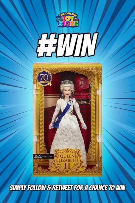 ONLINE_TOYSTORE's tweet photo. Last Chance To #WIN !!!!

Want to win a Barbie Signature Queen Elizabeth II Limited Edition Platinum Jubilee Doll? 

Simply Follow our page and retweet this post for your chance to win! 😃

Good Luck Everyone 🤞

#Barbie #QueenElizabethII #PlatinumJubilee #win #competition #Prize https://t.co/mzG4qgRcdd