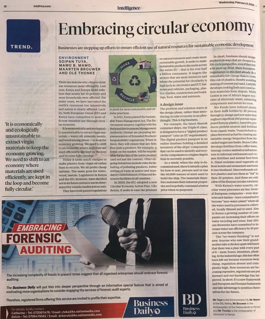 Proud to support Kenya’s #CircularEconomy journey together with @HonTuya, <a href="/NemaKenya/">NEMA Kenya</a> and <a href="/AmbBrouwer/">NL Ambassador Kenya</a>. In today’s #BusinessDaily we explain why 🇰🇪 and 🇪🇺 have an edge in embracing circular economy – and what it means ♻️ #dkgreen