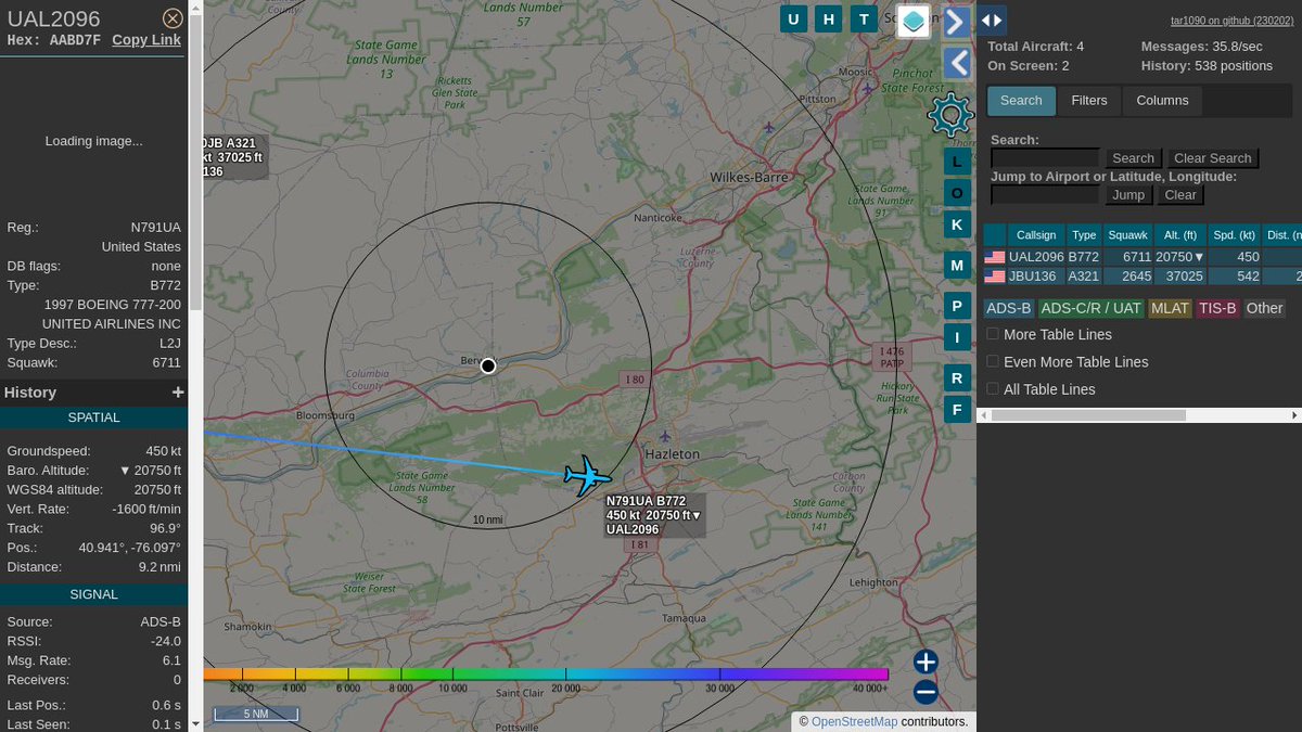 #UAL2096 / AABD7F: Squawk 6711, 6.9mi away @ 22200ft, heading E at 541.1mph @ 04:08:55 US Eastern Time. #LateNights #UpInTheClouds #ZOOOM #PROSPBerwick #ADSB