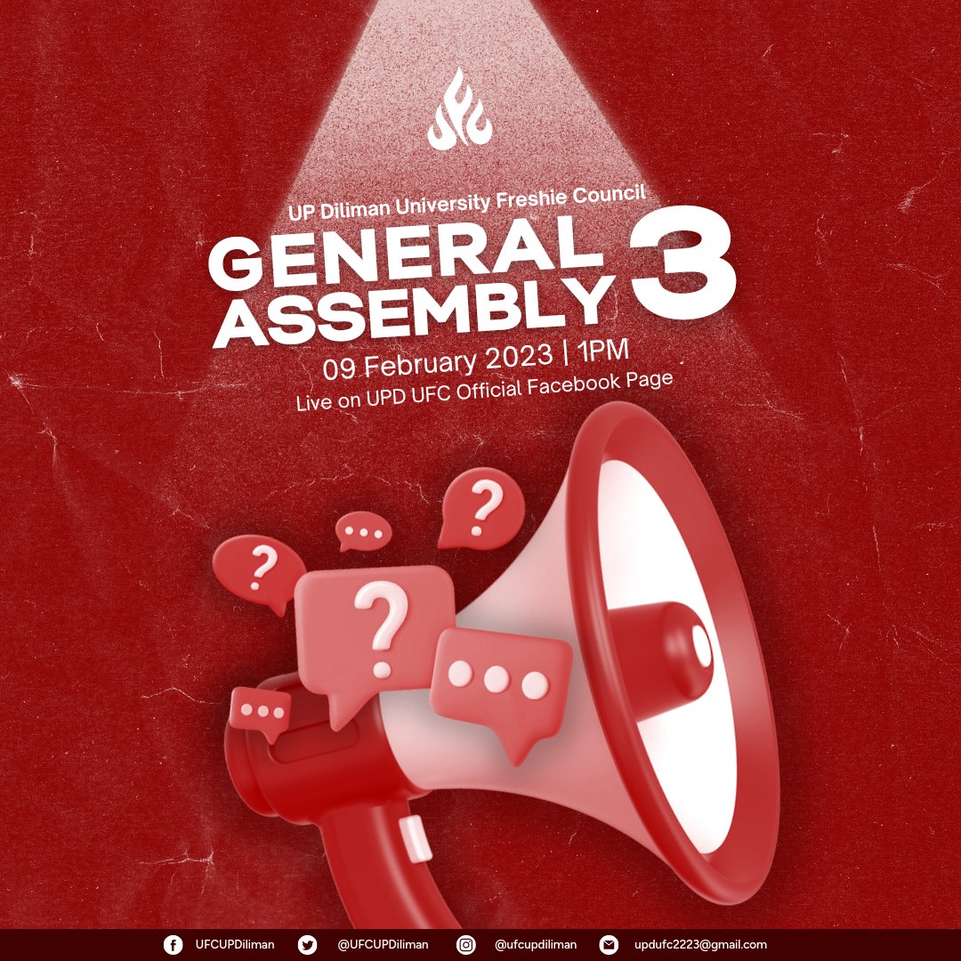 UFCUPDiliman's tweet photo. #GAgenda | UPD UFC 22-23 General Assembly 3 Agenda
The UP Diliman University Freshie Council 2022-2023 will be holding its General Assembly 3 tomorrow, February 9, 2023 at 1 PM. The meeting will be livestreamed at the council's Facebook Page.
#UFC2223 https://t.co/MfrnI3sn6A