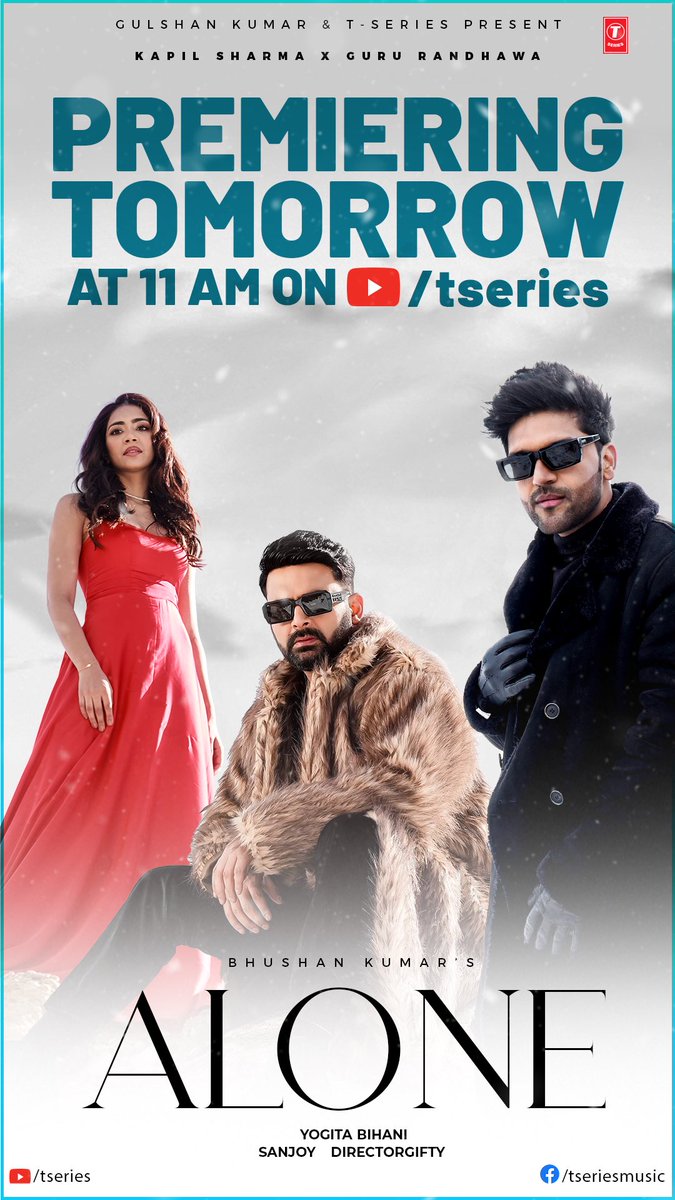 Kapil Sharma (@kapilsharmak9) on Twitter photo So excited to bring to you my first single with the very talented <a href="/GuruOfficial/">Guru Randhawa</a> and <a href="/iyogitabihani/">Yogita</a>
#Alone premiering tomorrow at 11 AM. Stay tuned: bit.ly/Alone-Song
#tseries <a href="/TSeries/">T-Series</a> #BhushanKumar <a href="/sanjoyd/">Sanjoy</a> <a href="/directorgifty/">DirectorGifty</a> ❤️😇🙏 So excited to bring to you my first single with the very talented <a href="/GuruOfficial/">Guru Randhawa</a> and <a href="/iyogitabihani/">Yogita</a>
#Alone premiering tomorrow at 11 AM. Stay tuned: bit.ly/Alone-Song
#tseries <a href="/TSeries/">T-Series</a> #BhushanKumar <a href="/sanjoyd/">Sanjoy</a> <a href="/directorgifty/">DirectorGifty</a> ❤️😇🙏