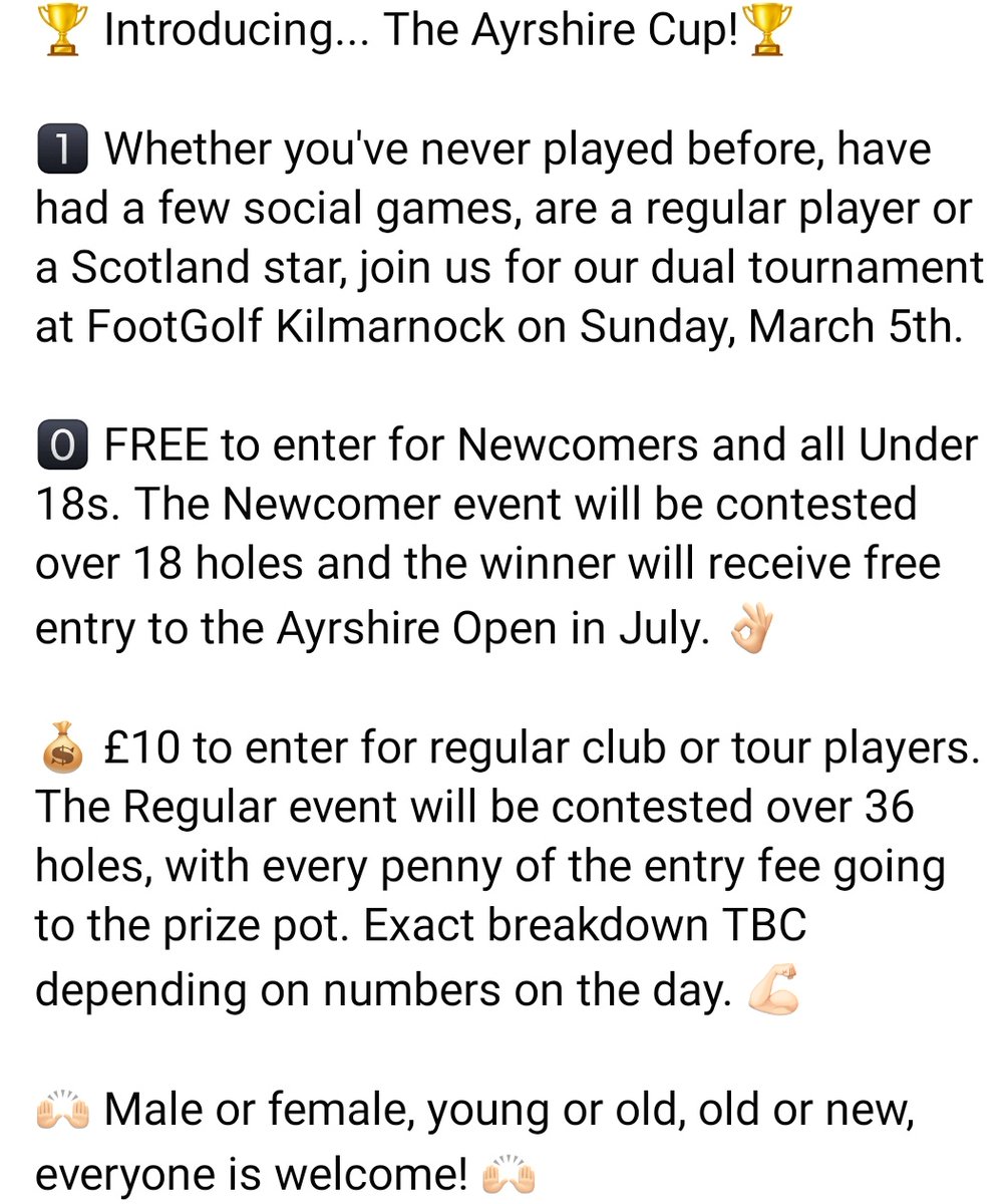 AyrshireFGC's tweet photo. Join us at @GolfCaprington on Sunday 5th March at 11am for The Ayrshire Cup. 
The Open Day sees new players and kids playing for free, with a cost of £10 for regular players. 
Every penny of the £10 will go to a prize pot. 
See below or message us for more details. 
👍🏻👌🏻🙌🏻
❤️⚽️⛳️ https://t.co/RebzkiaqkO