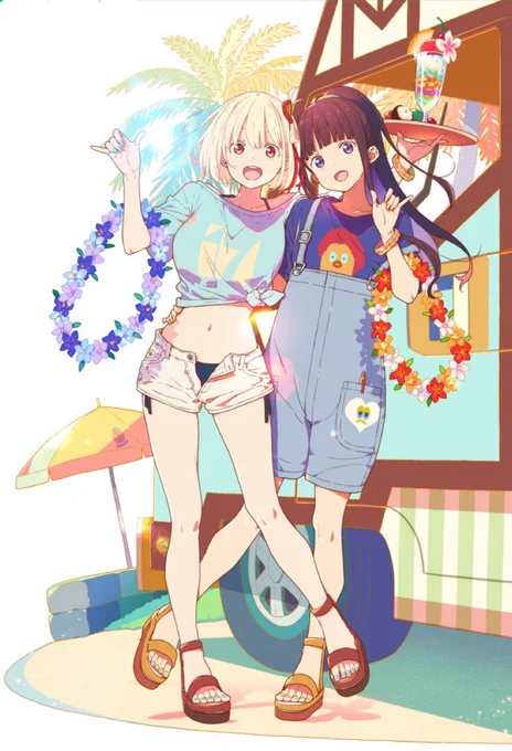 #リコリコ…は、あ、え、えっちだァ…(語彙力)お触りにお揃いのサンダルに互いのイメージカラーのお花お顔も似てきたし尊い… 