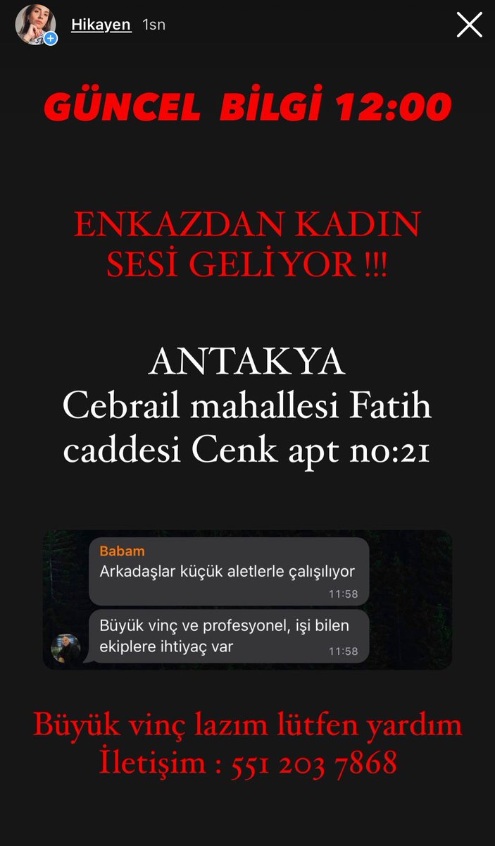 gcankorkmaz's tweet photo. #AFAD #AFADhatay #AHBAP #ahbaphatay ENKAZDAN SES GELİYOR ACİL VİNÇ LAZIM https://t.co/nP8GqKHB3n