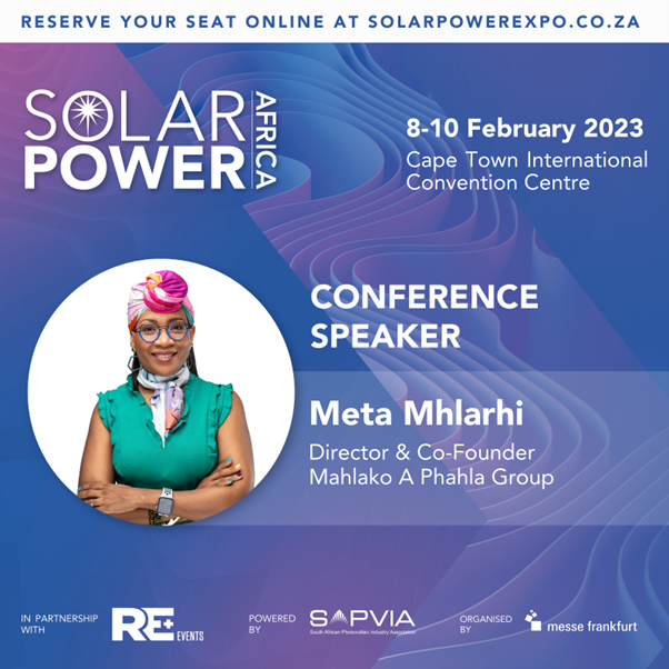 We are happy to share that <a href="/MetaMaponya/">Meta Maponya Mhlarhi</a> will be participating at the Solar Power Africa as a speaker this morning in Cape Town.

View full event details here: solarpowerafrica.za.messefrankfurt.com/capetown/en.ht…

#solarpv #solarpower #renewables 

<a href="/SAPVIA/">SAPVIA</a>