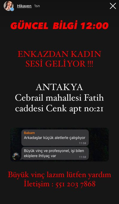 yellowredwall's tweet photo. Binadan kadın sesi geliyor. Betonun kaldırılabilmesi için büyük vinç gerekiyor. Bu görseli paylaşır mısınız lütfen
#Antakya vali konağı göbeği bölgesi
Fatih caddesi
Cebrail mahallesi
Cenk apartmanı
No:21 K:5 
Tel: 0551 203 7868 https://t.co/2FnGbtlBSp