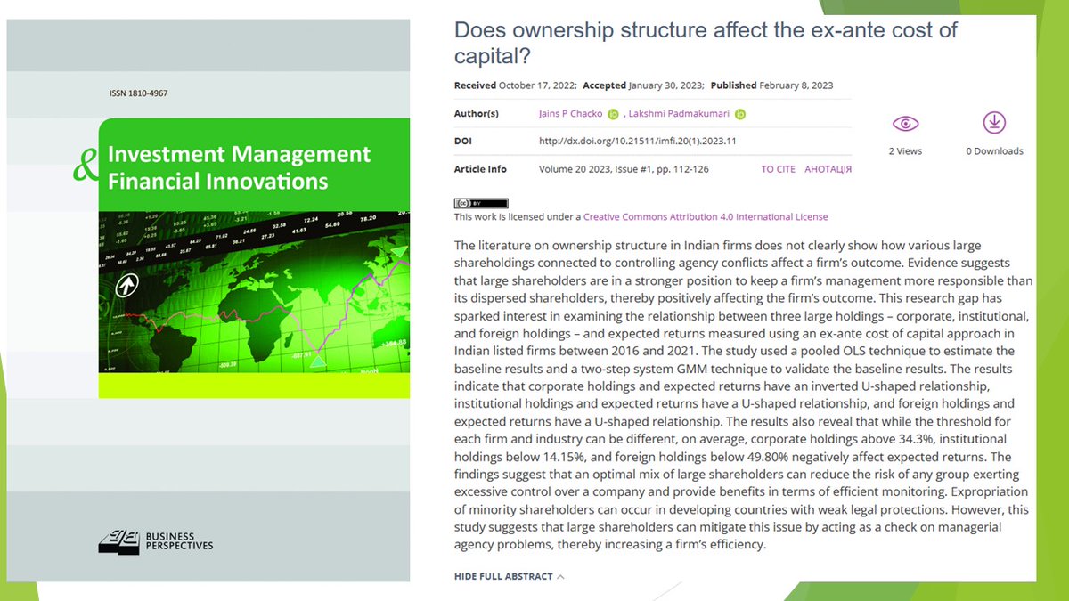 imfi_journal's tweet photo. 🔗https://t.co/ofOi8HwqbL
📝 Does ownership structure affect the ex-ante cost of capital?
👥 Jains P Chacko, Lakshmi Padmakumari
#agencycosts, #corporategovernance, #emergingmarkets, #expectedreturns, #impliedcostofcapital https://t.co/qUWzxEkkdk