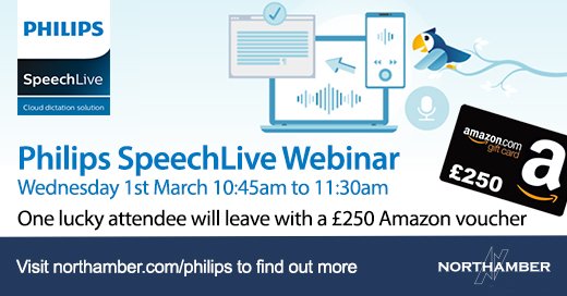 Join Philips Speech Processing Solutions and Northamber Solutions for this #SpeechLive Webinar.
📅 Wednesday 1st March 
🕥 10:45 – 11:30 
Just click the link below, register, and tune in, and you could leave with knowledge and £250 Amazon vouchers! 
🔗 northamber80970.ac-page.com/philips-deal-r…