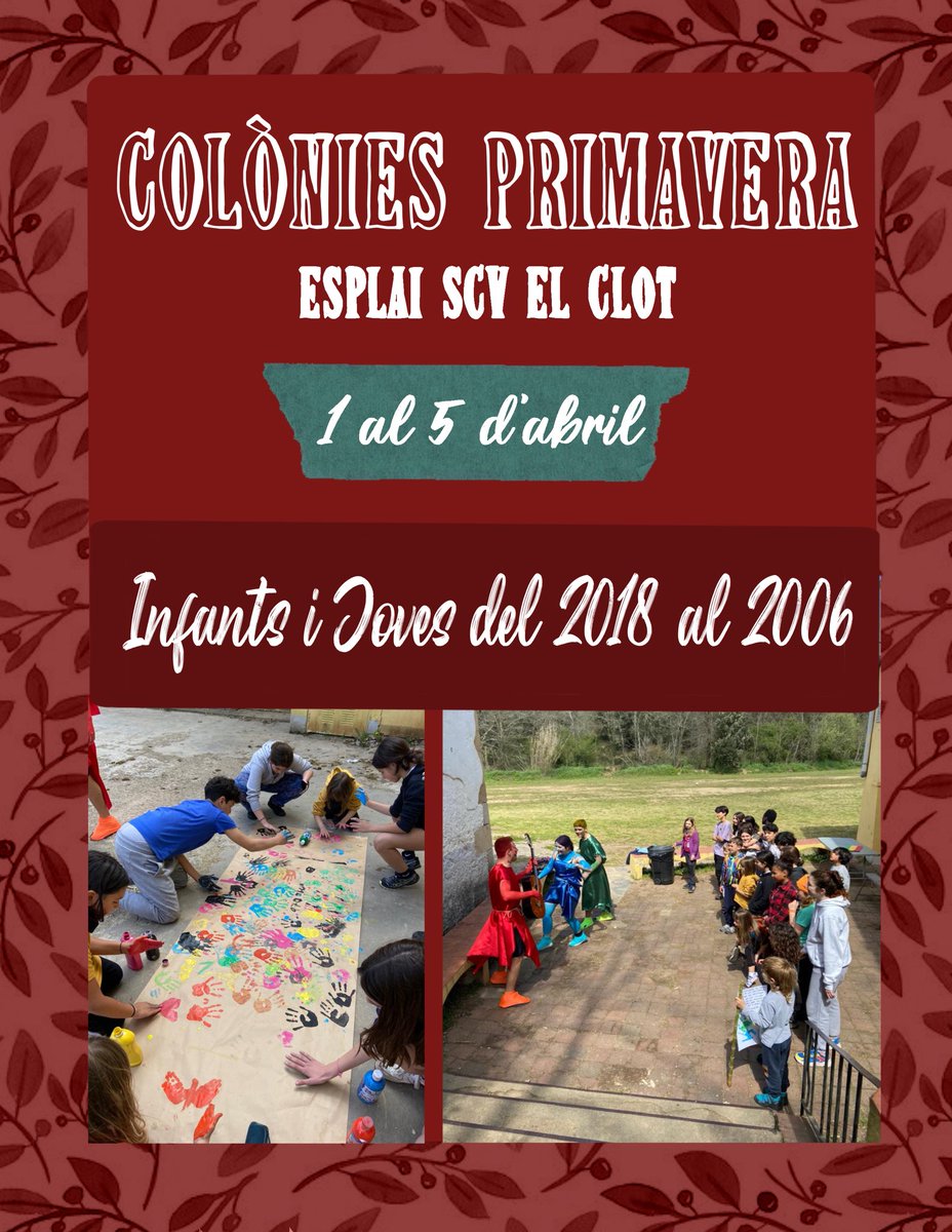 Colònies primavera!🌸🌸
Per infants i joves entre el 2018 i 2006.
Del dia 11 al 18 de febrer les inscripcions són on-line en el següent link:
👉forms.gle/BfXLixJq4HtEQJ…
Els dies 11 i 18 de febrer podeu venir de manera presencial de 16:30 a 19:30! (Carrer Concilio de Trento, 35)