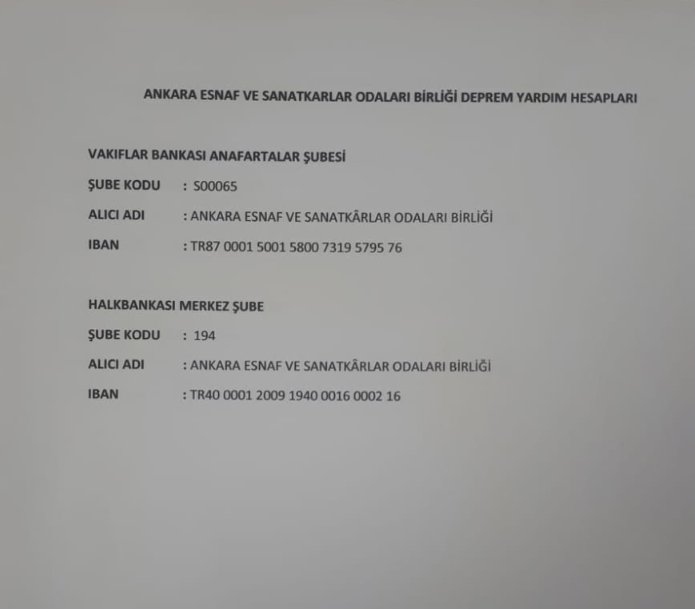 BİLGİLENDİRME
10 ilimizde büyük yıkıma yol açan depremler nedeniyle AFAD ve  Ankara Valiliği’miz koordinesinde yapılacak nakdi yardımların tek koldan ve en hızlı şekilde ihtiyaç sahiplerine ulaşması için Birliğimiz bünyesinde yardım hesapları açılmış bulunmaktadır.