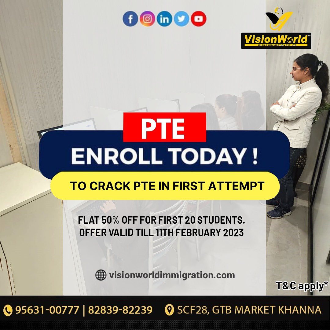 Want to clear the PTE exam and wondering how to get desired score? Don't worry we are here enroll yourself with VisionWorld IETLS AND IMMIGRATION PRIVATE LIMITED. 
.
.
For enquiries call @ +91- 95631-00777, 82839-82239
.
.
.
#pte #ptecoaching #ptepreparation #pteexam