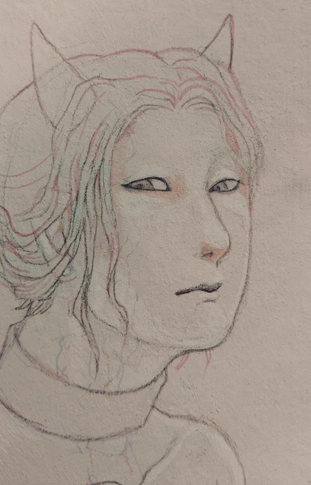 描き順。鉛筆でアウトラインを取り、アクリルを重ねて整頓していく。モデル参考にしたのは男性の写真だったが…… 