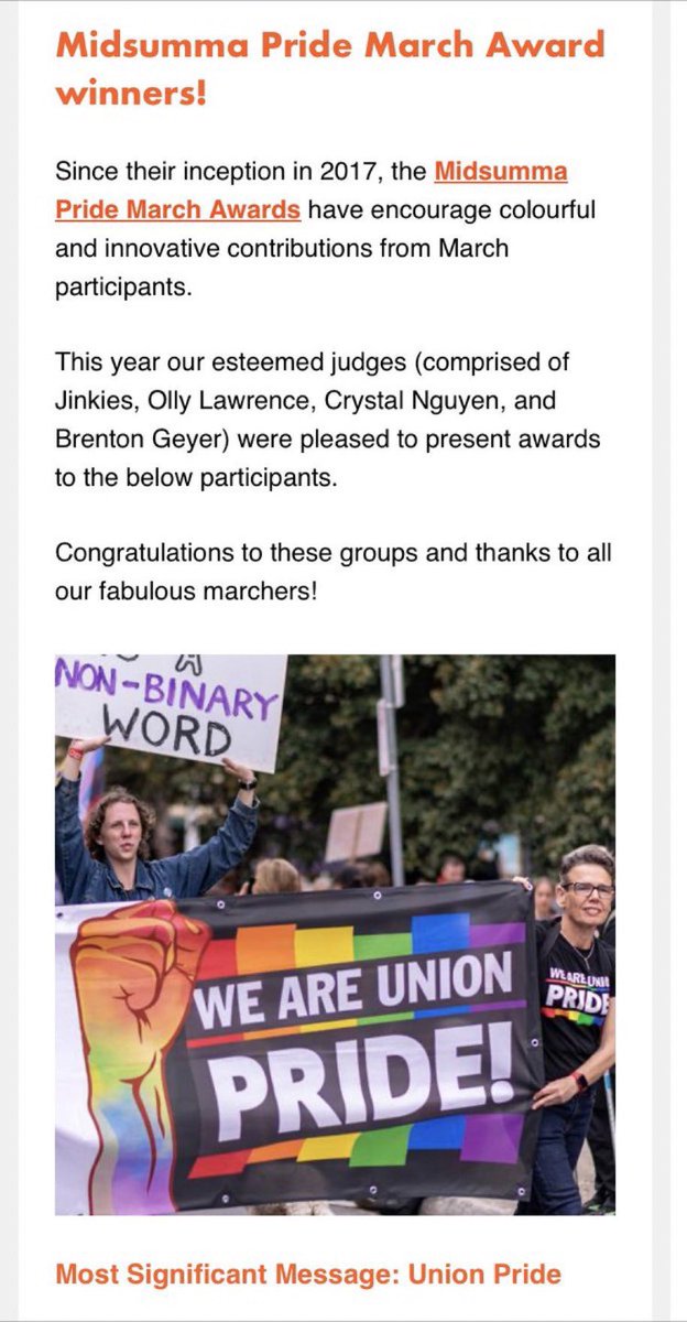 I love winning. But this is truely special. Thanks to @midsumma for awarding us “Most Significant Message” in the Pride March. Sending you back all our support and solidarity. Special shout out to @WilStracke for pulling it all together.