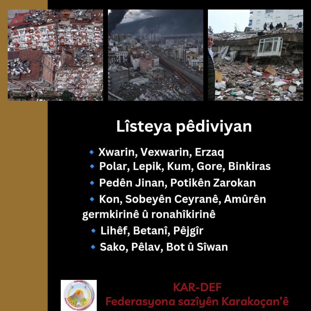 kar_def's tweet photo. Ji bo mexdûrên erdhejê em jî bi sazî û rêxistinên heremê re di xebatan de ne.
Gel wê bi hemû hêz û derfeta xwe, xwedî li gelê xwe yê li herêma erdhejê derbikeve.

#Erdhej #Amed #semsur #mereş #dîlok #meletî https://t.co/pRSEc133uv