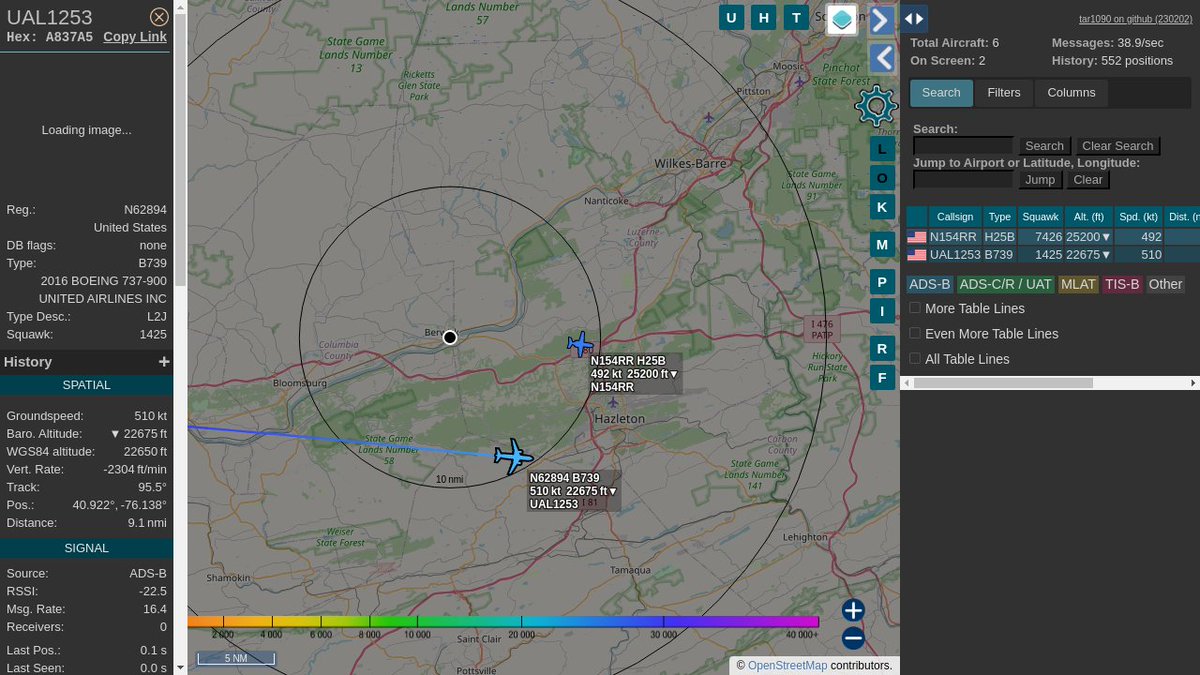 #UAL1253 / A837A5: Squawk 1425, 8.7mi away @ 24100ft, heading E at 607.2mph @ 04:28:09 US Eastern Time. #LateNights #UpInTheClouds #ZOOOM #PROSPBerwick #ADSB