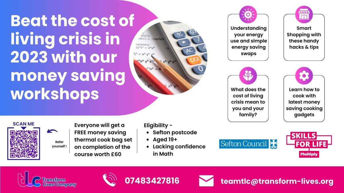 Do you live in the Sefton area? Are you struggling with the cost of living and need some tips on how to save money on your shopping, energy use and budgeting? 

With @GroundworkCLM @SewFabAcademy & @Digitaleagles
we'll be running 4 fantastic FREE workshops!

#CostOfLivingCrisis