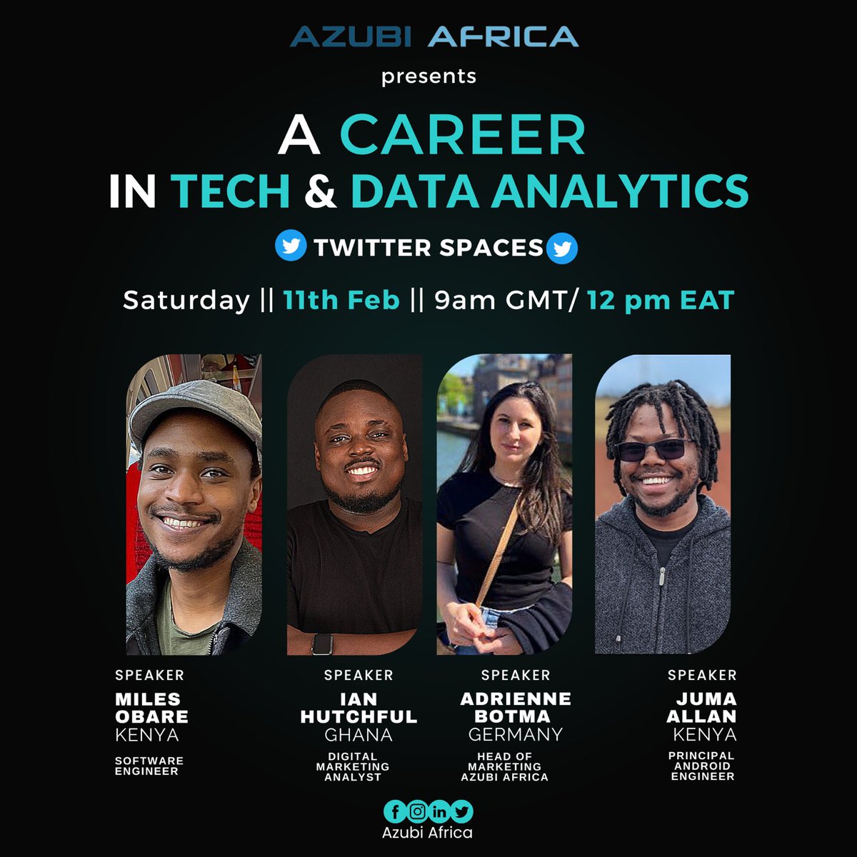 Happening on Saturday, 11th of February from 9 am GMT / 12 pm EAT. 

Come learn from the industry experts <a href="/_jumaallan/">Juma Allan</a>, <a href="/bdhobare/">Miles Obare</a> on Starting your career in Tech &amp; Data Analytics.