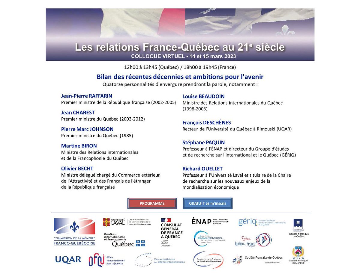 CercleQc's tweet photo. Le @CercleQc s'associe à la Commission de la mémoire franco québécoise (CMFQ) pou vous inviter au colloque virtuel sur « Les relations France-Québec au 21e siècle » et à y poser vos questions. Les 14-15 mars 2023.  
Programme et inscription gratuite: https://t.co/b1Yyaclutj https://t.co/Dag2AylfLF
