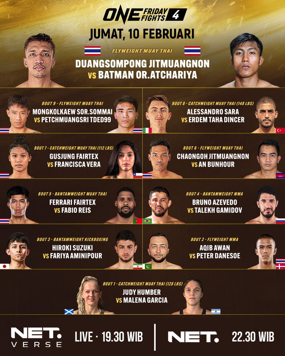 mdtvindonesia's tweet photo. Dapatkah mantan juara Lumpinee Stadium menang melawan Duangsompong yang berbahaya?
Duangsompong Jitmuangnon VS Batman Or.Atchariya
ONE Friday Fight 4 | Jumat 10 Februari 2023. LIVE di @Netverseid jam 19.30 WIB dan tayang di TV jam 22.30 WIB #ONE #ONEOFF4 https://t.co/QLJUJDJAYz