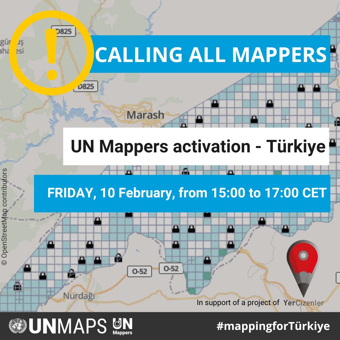 Calling all mappers! Mapathon to support the Turkish #OpenStreetMap community following the massive #earthquake that hit southern Türkiye and northern Syria. 📅Friday 10 February from 15 to 17 CET. Make a difference, join us !💙 👉tinyurl.com/10TRMap @gischatbot