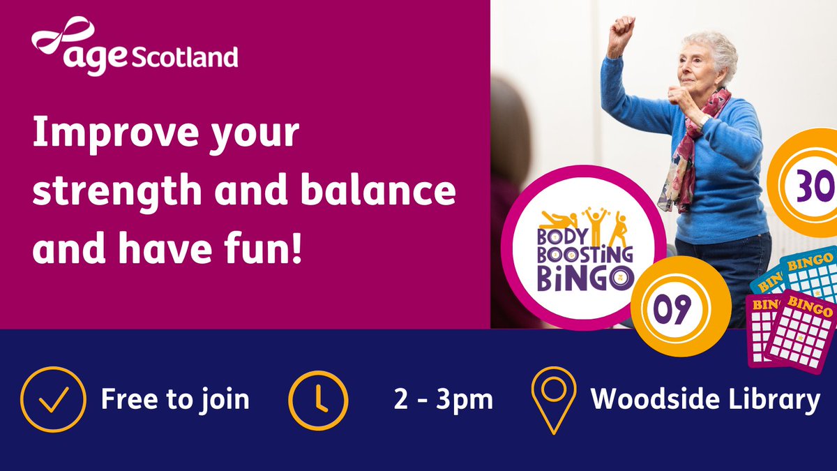 Cara McGurn - Age Scotland (@caramcg_agescot) on Twitter photo Our first drop in #BodyBoostingBingo sessions with <a href="/GlasgowLib/">Glasgow Libraries</a> take place next week!
π Partick Library & Woodside Library
π
Tuesday 14th February
β° Partick - 11am, Woodside - 2pm
π΅ Free!
Get yourself down for a fun movement session! <a href="/agescotland/">Age Scotland</a> Our first drop in #BodyBoostingBingo sessions with <a href="/GlasgowLib/">Glasgow Libraries</a> take place next week!
π Partick Library & Woodside Library
π
Tuesday 14th February
β° Partick - 11am, Woodside - 2pm
π΅ Free!
Get yourself down for a fun movement session! <a href="/agescotland/">Age Scotland</a>