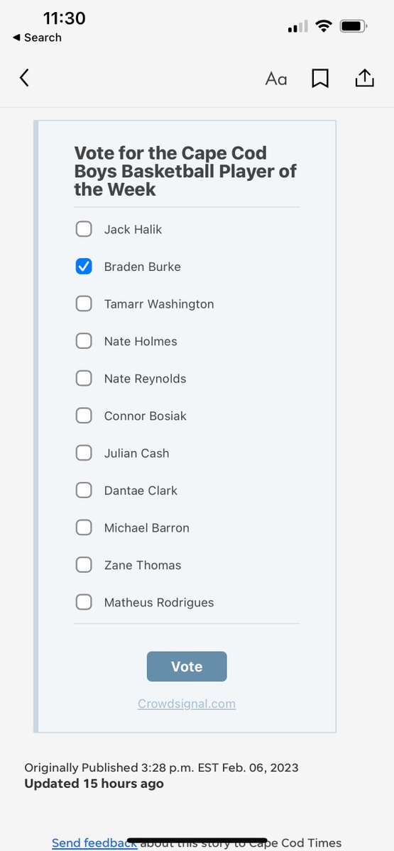 Let's show some love for Braden Burke as boys basketball player of the week - 5 three pointers!  <a href="/MonomoySharks/">Monomoy Athletics</a> <a href="/MonomoyBoysHoop/">Monomoy Sharks Boys Basketball</a> - vote here - bit.ly/3I4Lx21