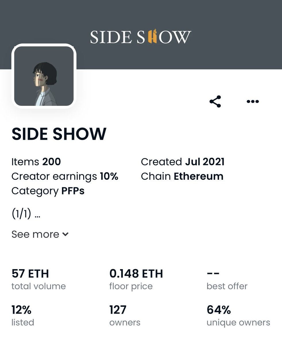 hudcheuu's tweet photo. Update status of the side show collection. 🗣️

🖼️ 200 Items 
💎 57 ETH total volume 
🛍️ 0.148 ETH floor price 
👥 127 owners

https://t.co/nVDHhz8Ohd

#NFTs https://t.co/VkkrDvH1N5
