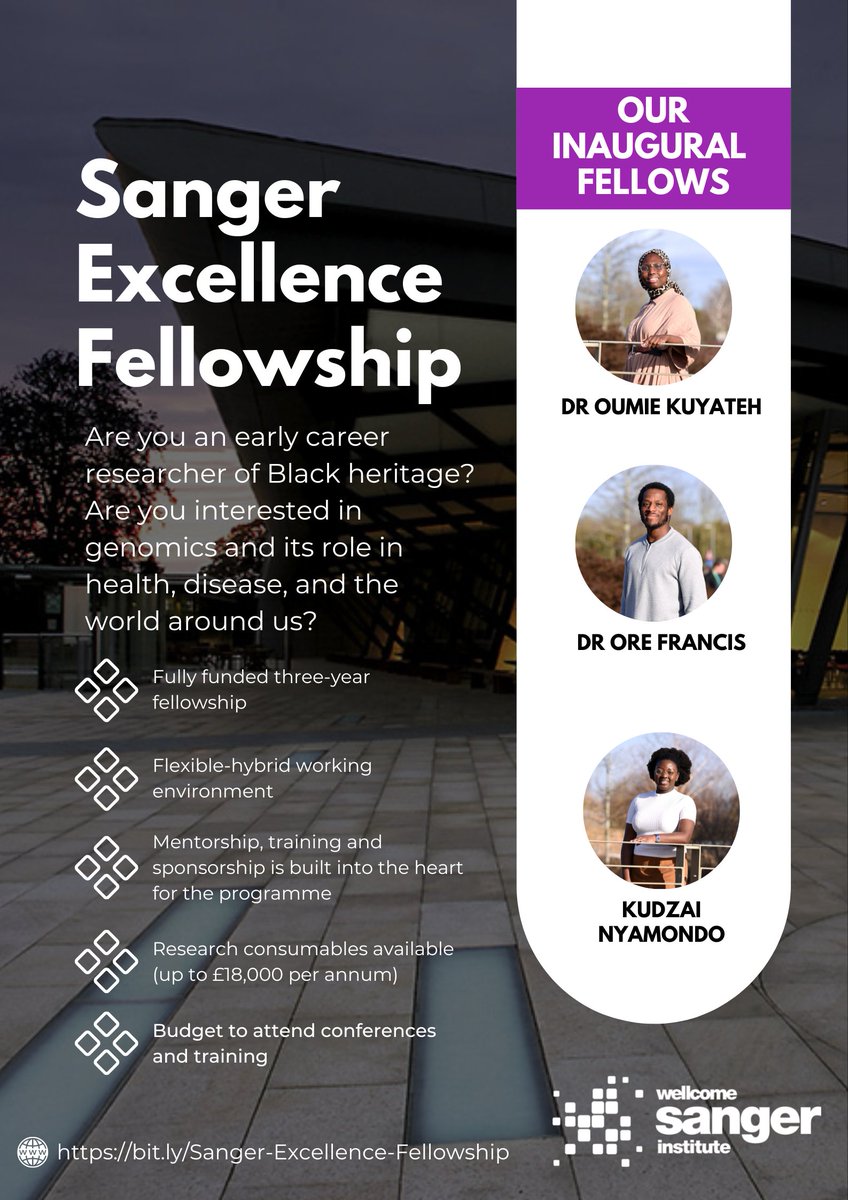 Applications to our Sanger Excellence #Postdoctoral Fellowship are now open! Open exclusively to early-career researchers with a degree and PhD from a UK institution and are from a Black heritage background. To discover more: bit.ly/Sanger-Excelle… #BlackInSTEM