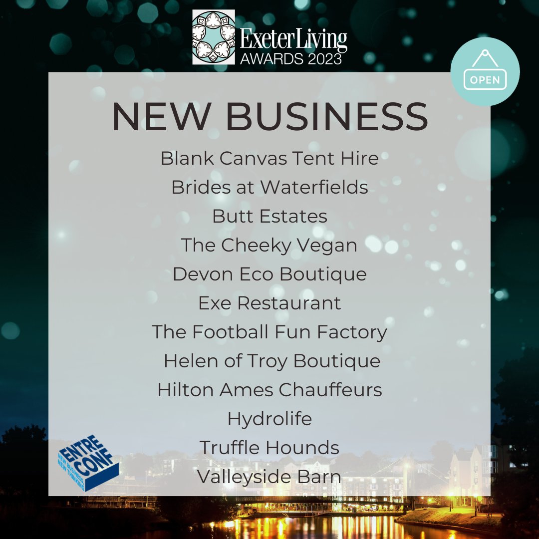 🚀 New Business: Blank Canvas Tent Hire, Brides at Waterfields, Butt Estates, The Cheeky Vegan, Devon Eco Boutique, Exe Restaurant, The Football Fun Factory, Helen of Troy Boutique, Hilton Ames Chauffeurs, Hydrolife, Truffle Hounds and <a href="/ValleysideBarn/">Valleyside Barn</a>

Sponsor: <a href="/Entre_Conf/">EntreConf</a>