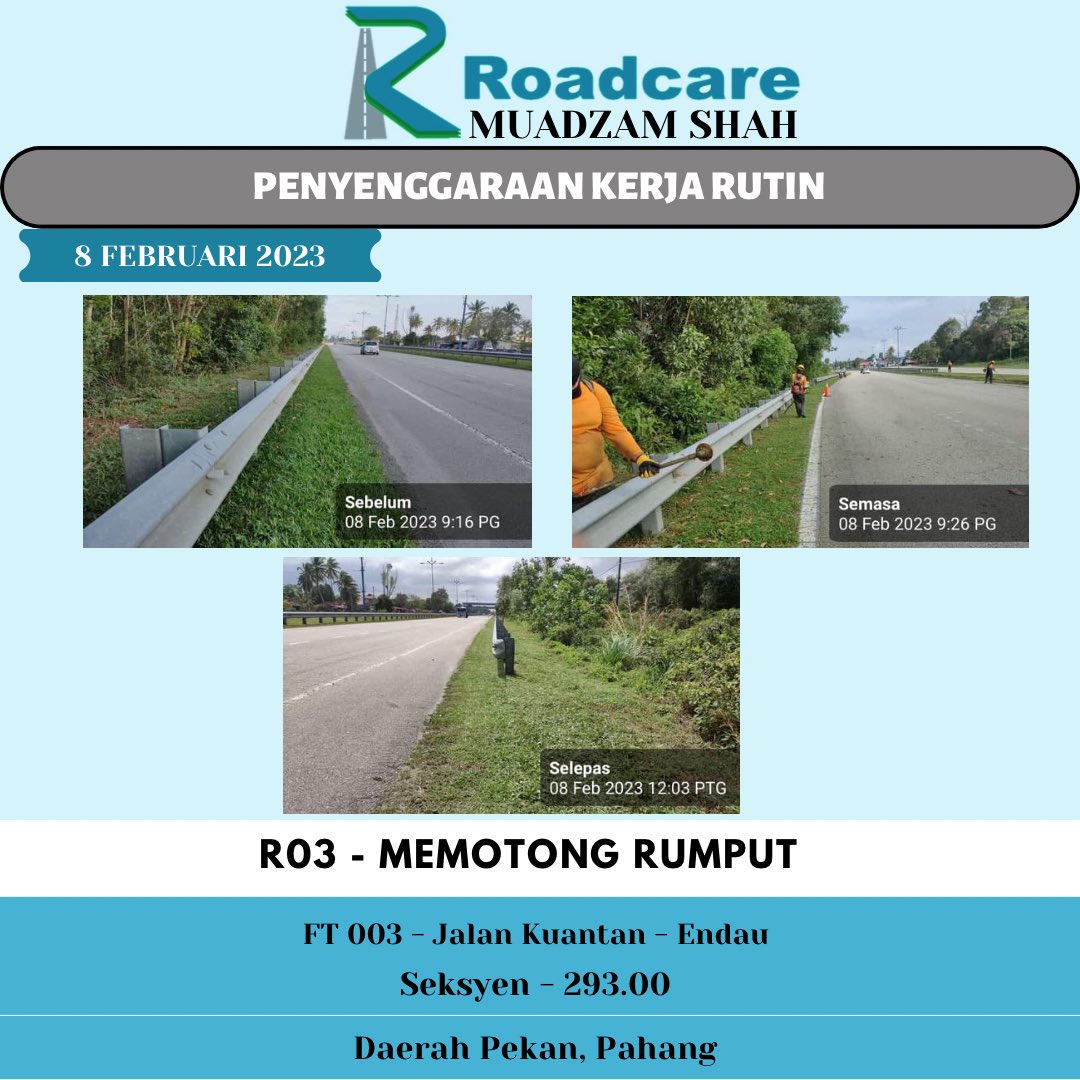 👷🏻‍♂️ #TeamRoadcareMuadzam 🚧
Penyenggaraan Kerja Rutin
R03 - Memotong Rumput

8 Februari 2023
FT 003 - Jalan Kuantan - Endau
Seksyen - 293.00
Daerah Pekan, Pahang

<a href="/JKRMalaysia/">JKR Malaysia</a> 
<a href="/JKRPAHANG/">JKR PAHANG</a> 
<a href="/JKRPekan/">JKR PEKAN</a> 
<a href="/Roadcare_HQ/">ROADCARE (M) SDN BHD</a> 
<a href="/Roadcare_Phg/">ROADCARE PAHANG</a>