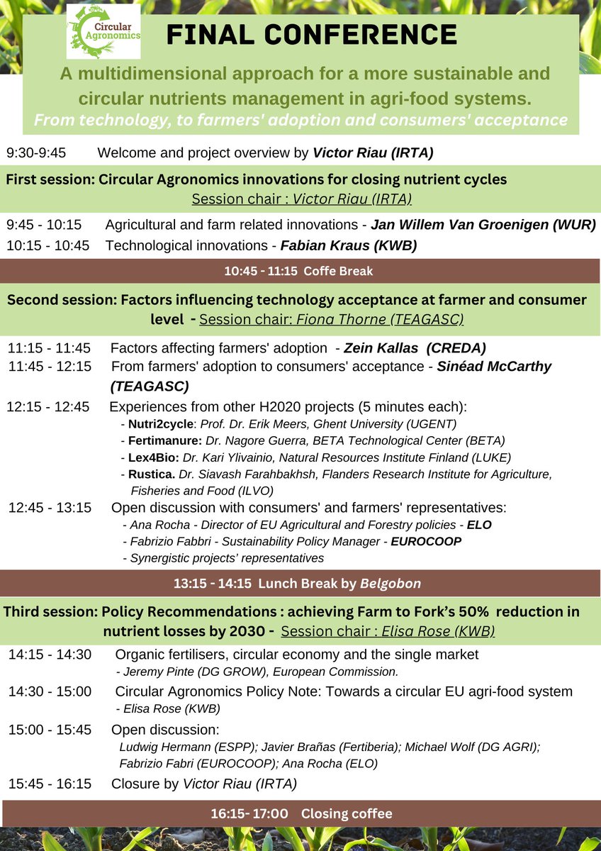 👉Last spots for the Final Conference of the @CircularAgronomics project on 15th February!
Be part of an inspiring discussion on how to achieve a #SustainableAgriculture with a circular management of #carbon and #nutrients in #Europe. For registration 👇
bit.ly/3lgSSTg
