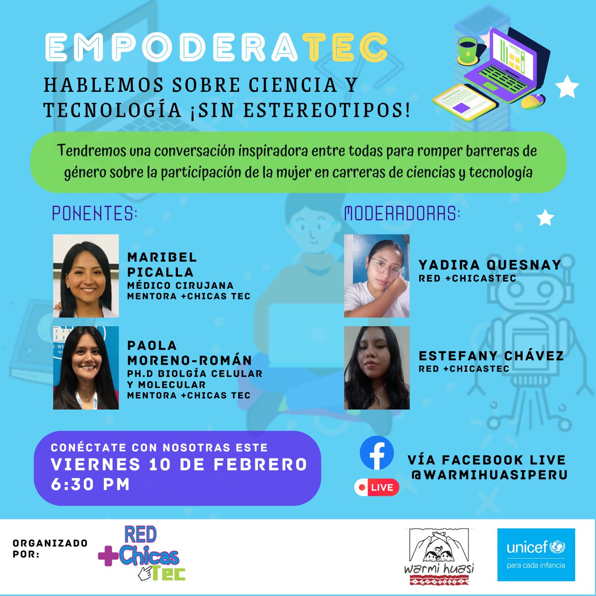 UNICEFperu's tweet photo. #EmpoderaTEC 
📣Sé parte de un espacio inspirador para romper estereotipos de género sobre la participación de las niñas, adolescentes y mujeres en ciencia y tecnología🔭💻 

10/Feb-6:30pm 
Via: https://t.co/lrsQhYmpXF
@HuasiWarmi

#DíaDeLaMujerYLaNinaEnLaCiencia👩🏻‍🔬
#RedChicasTEC https://t.co/zRxiu0YgpK