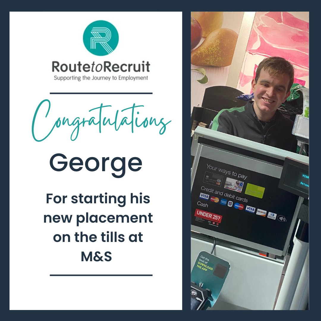 waysintoworkcio's tweet photo. Well done to George, one of our Route to Recruit supported interns at M&amp;S, who has started his new placement on the tills. His Manager is very happy with his work and says he is a pleasure to have around! ​

For more information view https://t.co/36CUIcfxes https://t.co/wleRrJewV8