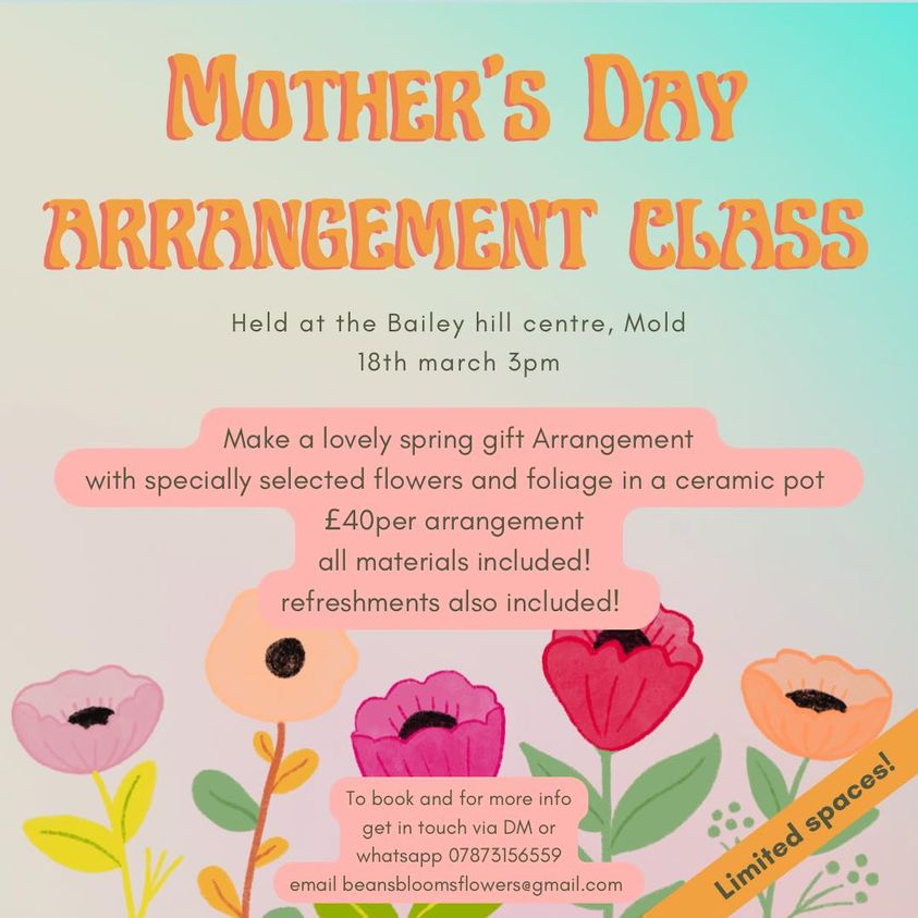 The Christmas Wreath workshop was such a success beansblooms has arranged another fantastic workshop taking place in the Bailey Hill Centre.
Why not book on to make a flower arrangement for a special someone, or even better bring them along! 💐
18th March, 3pm
Booking essential!